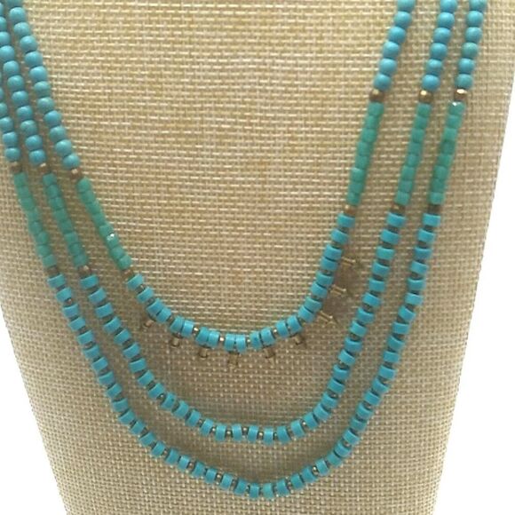 3 Strand Beaded Necklace Silver-tone Round Spacers & Spikes on 2 Leather Cords - Picture 14 of 16